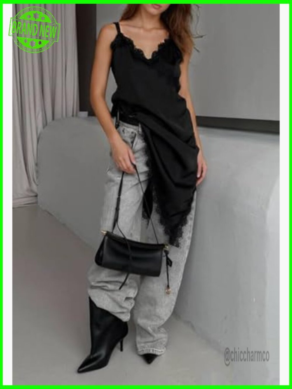 Satin Slip Mini Dress Lace Trim Asymmetrical Side Split Cami Tops Spaghetti - Picture 5 of 7